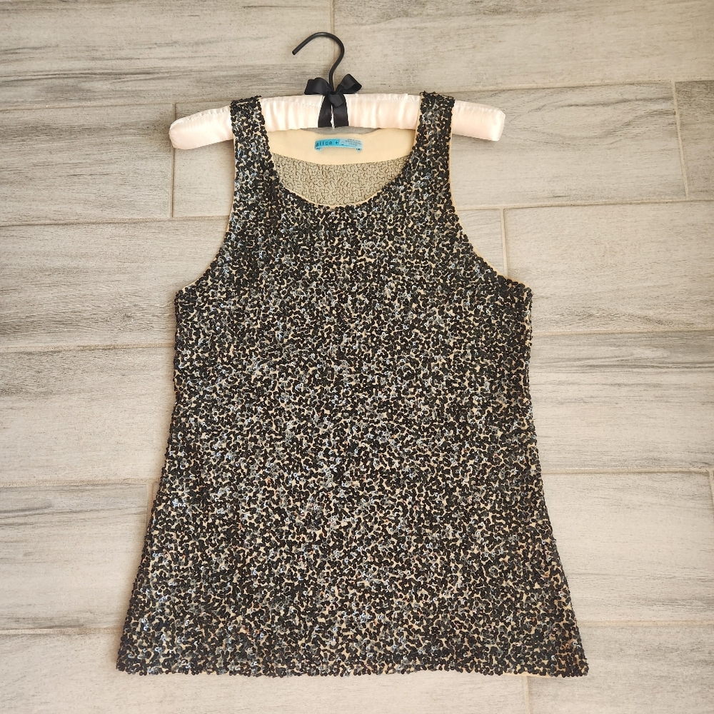 Alice + Olivia Tank Top XS Black Sequins Cream 100% Silk Handbeaded Party Luxury